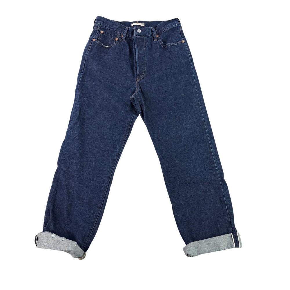 Levi's‎ Ribcage Straight Jeans Women 32 Blue Selvedge Denim High Rise Raw Hem